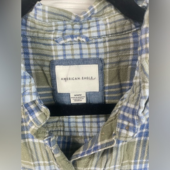 American Eagle Green & Blue Button Up Cropped Shirt Size Medium Girls EUC - Picture 9 of 10